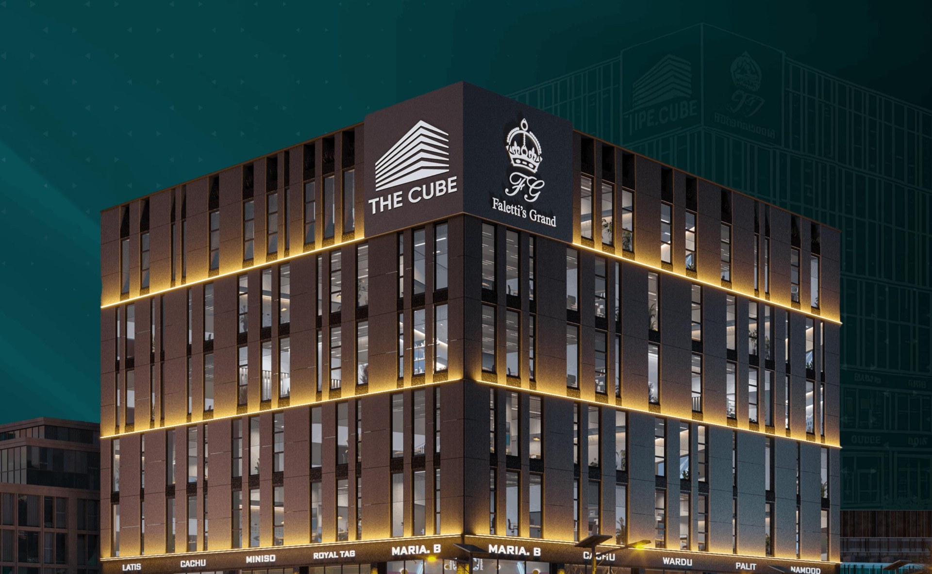 The Cube – night elevation on Main Raiwind Road